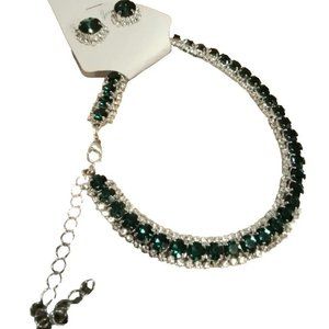 Greean Emerald Rimestones Diamonds Necklace With Pierce Maching Earings Jt1